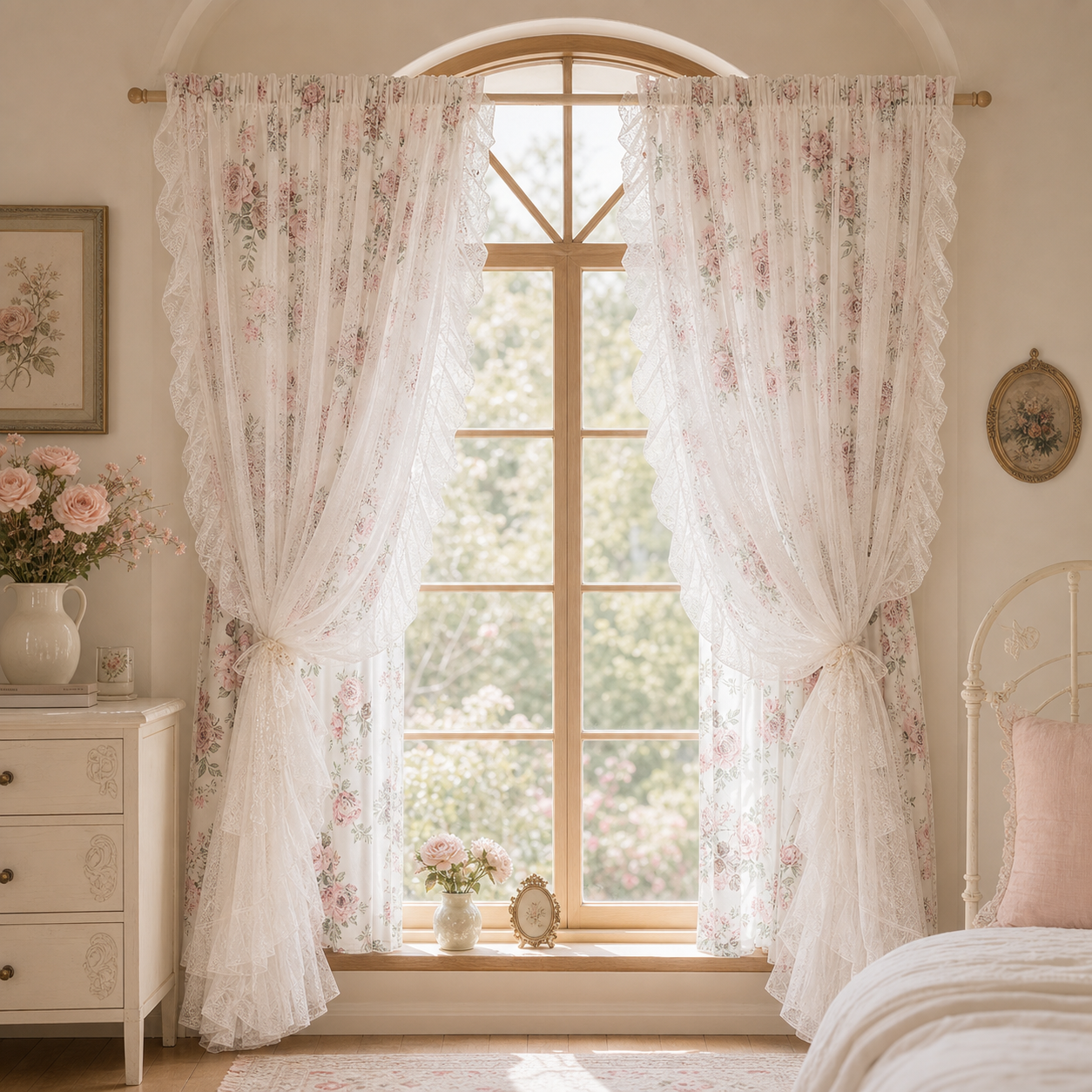 Custom floral lace curtain for a wide window