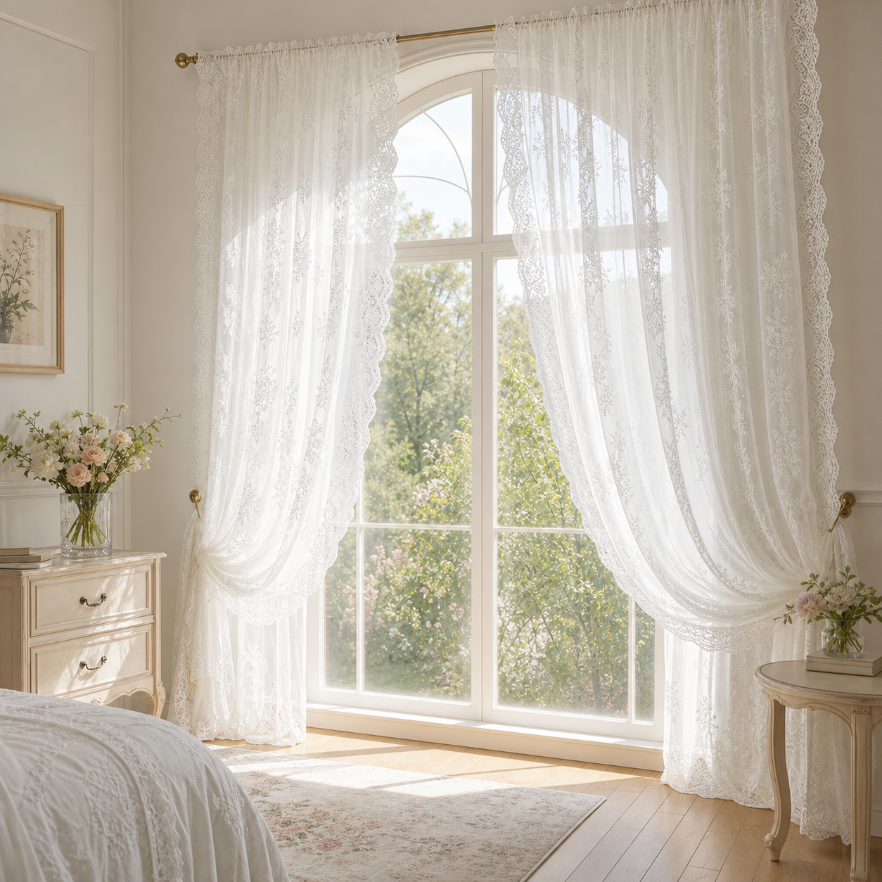 White custom lace curtain in a bright window