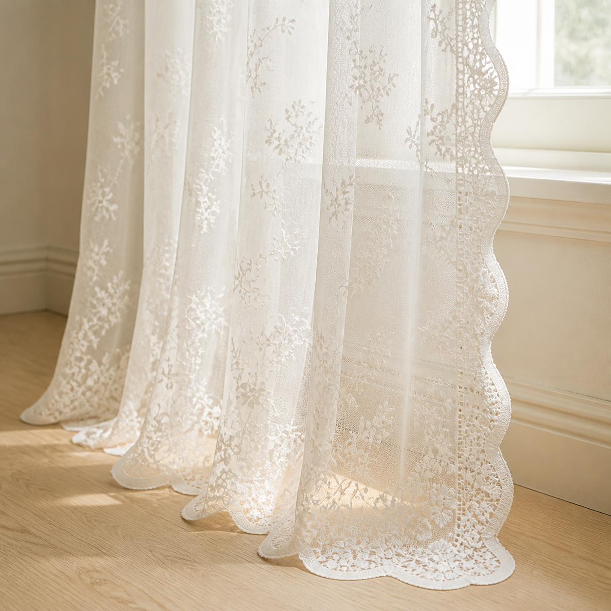 White lace curtain detail for custom sizing support