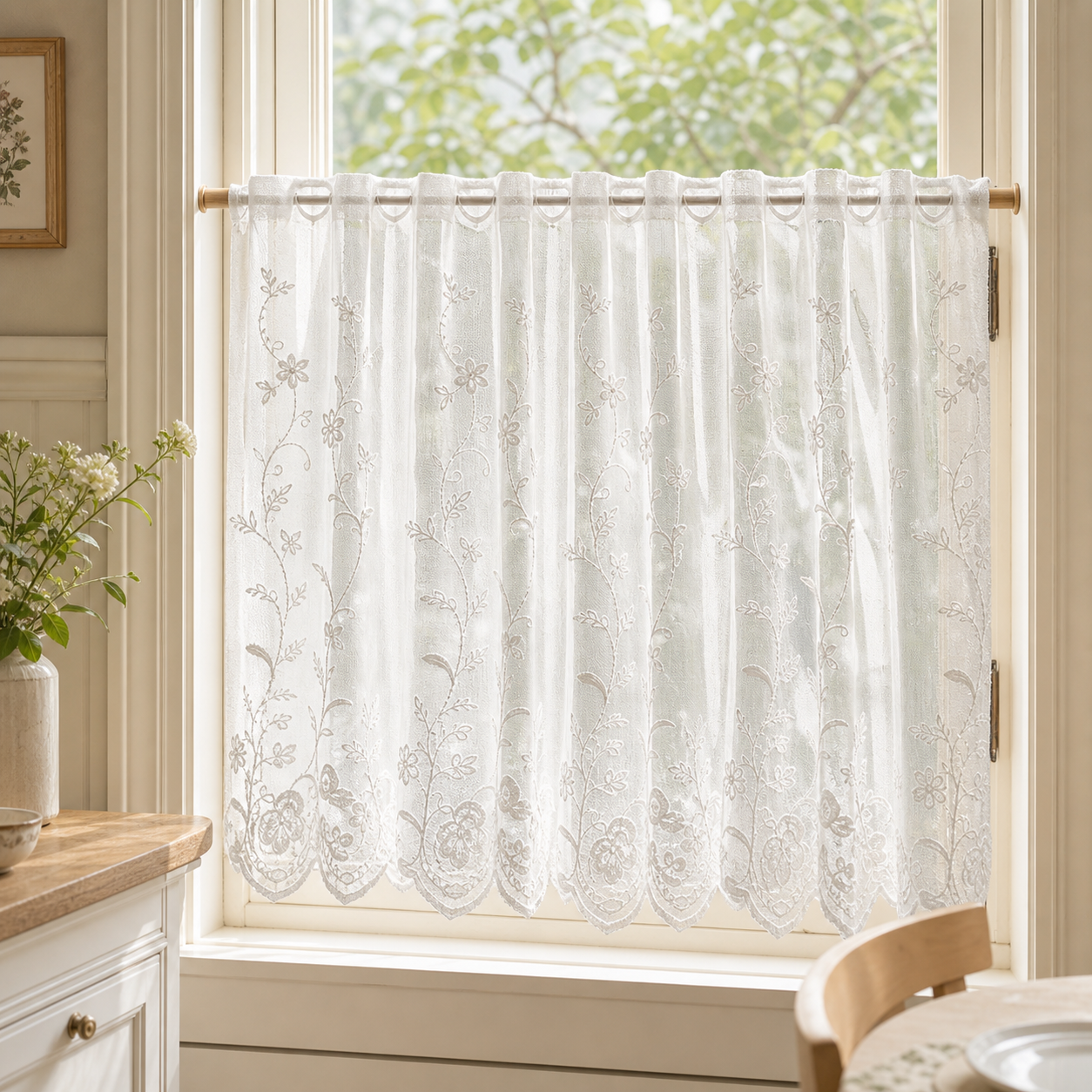 Short white cafe curtain on a window