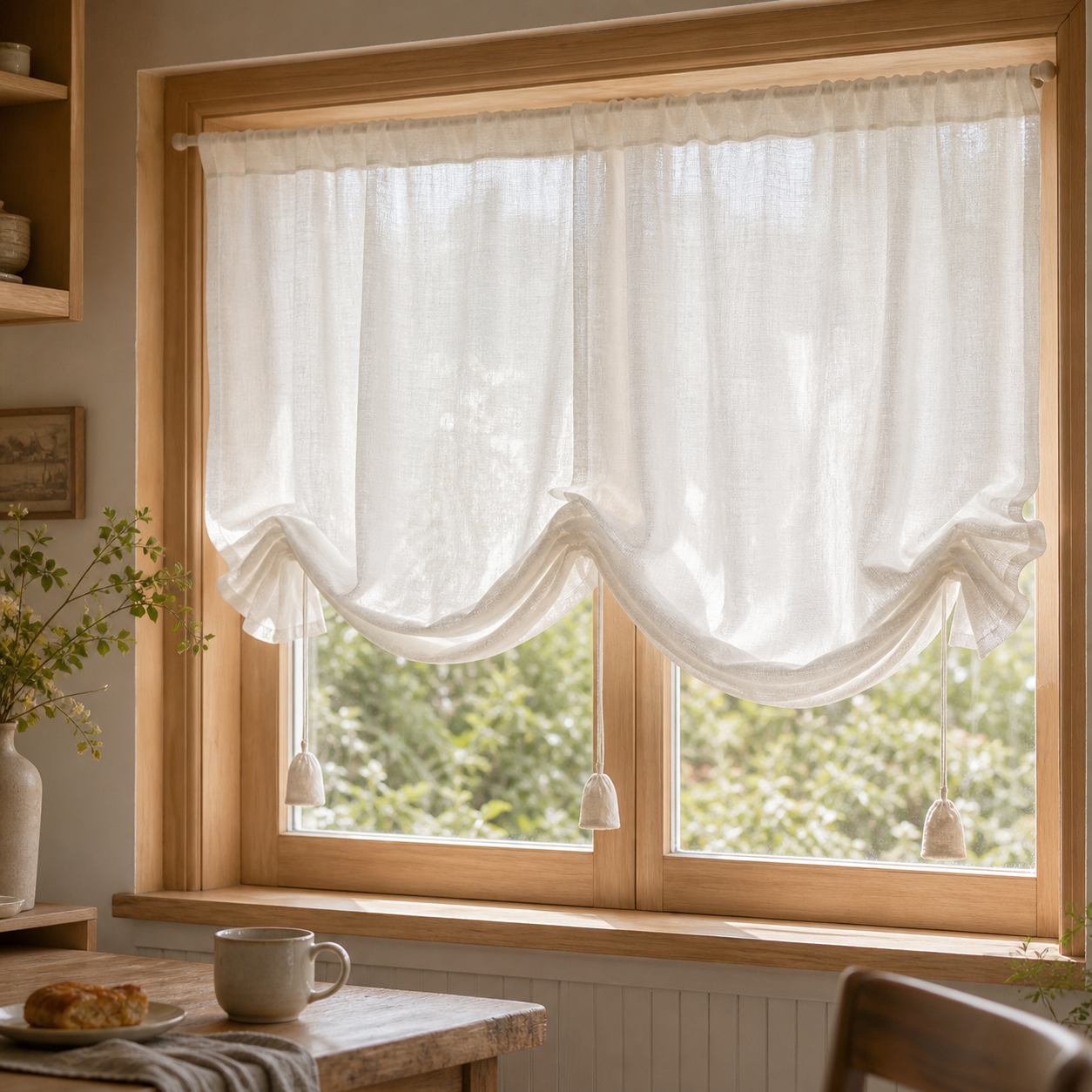 White roman shade cafe curtain with soft folds
